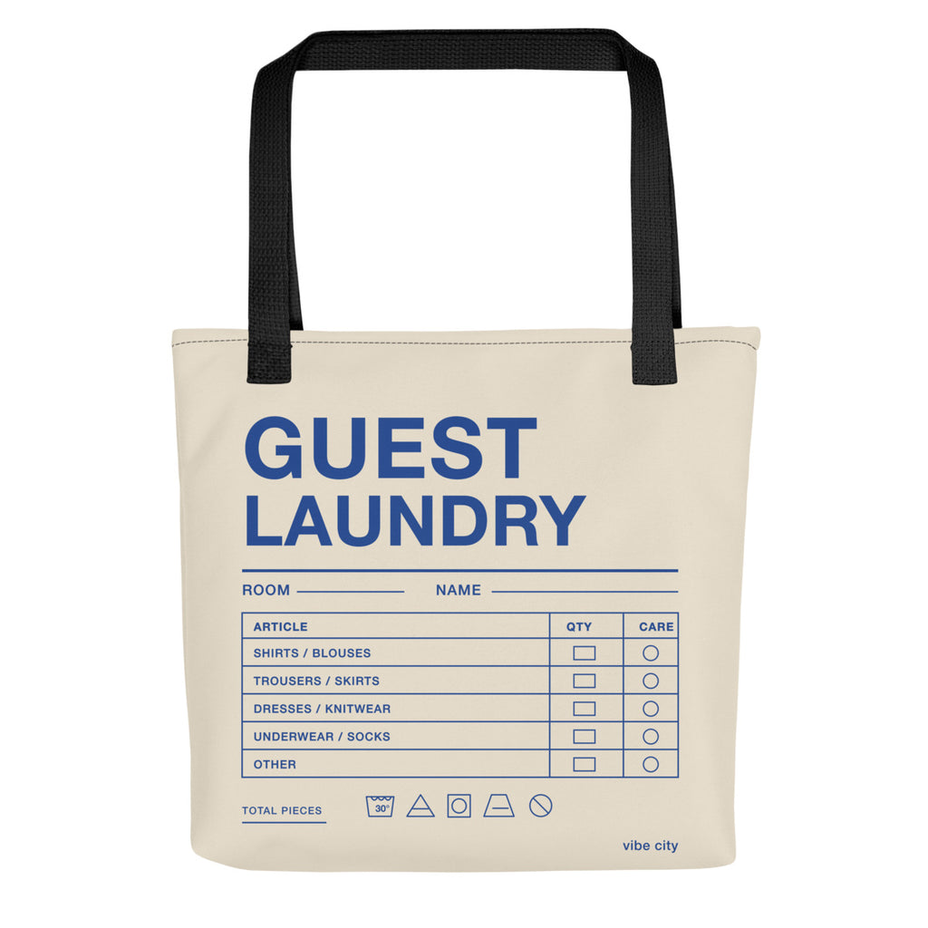 Cream guest laundry tote with black handles — Printful product proof
