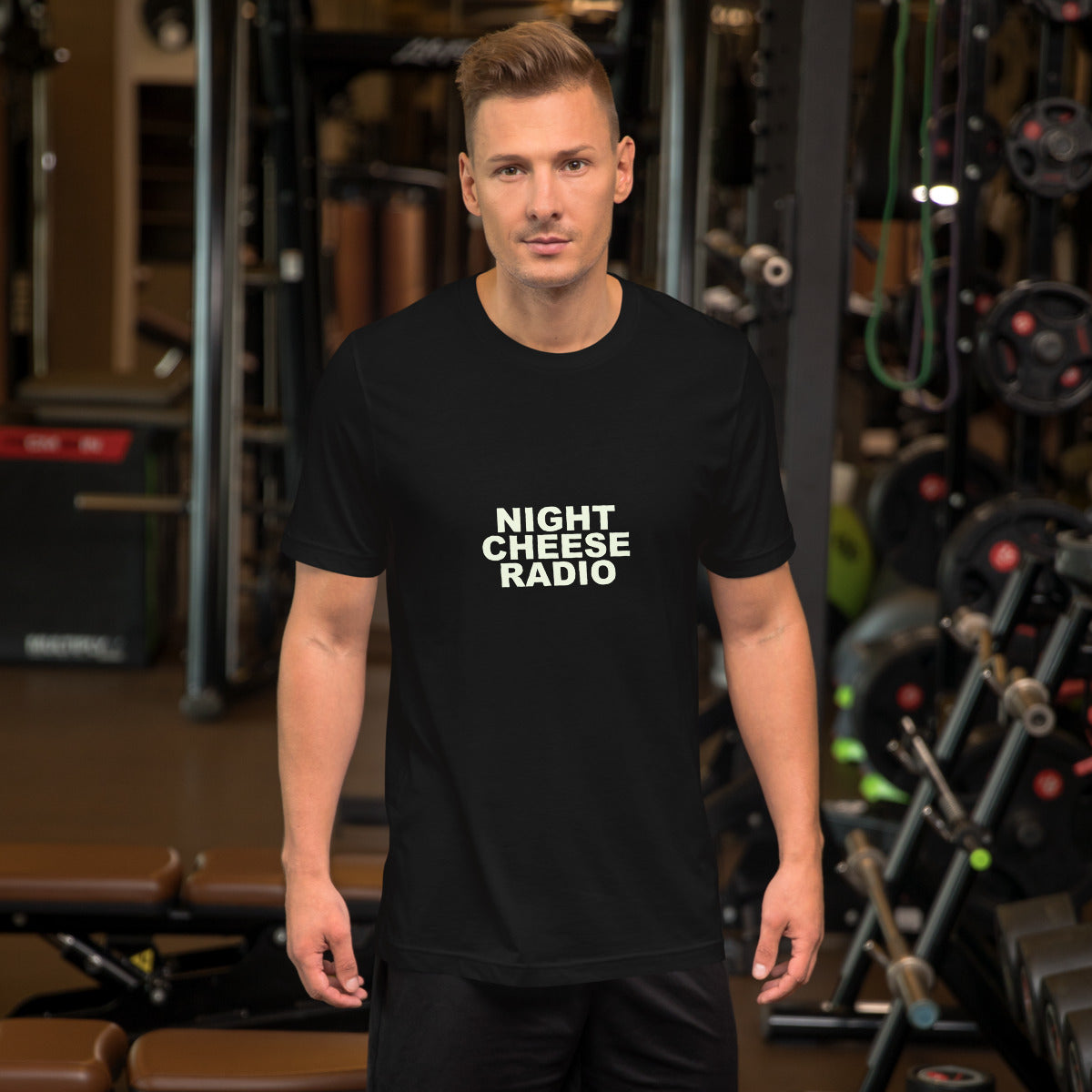 Night Cheese Radio Printful model lifestyle mockup