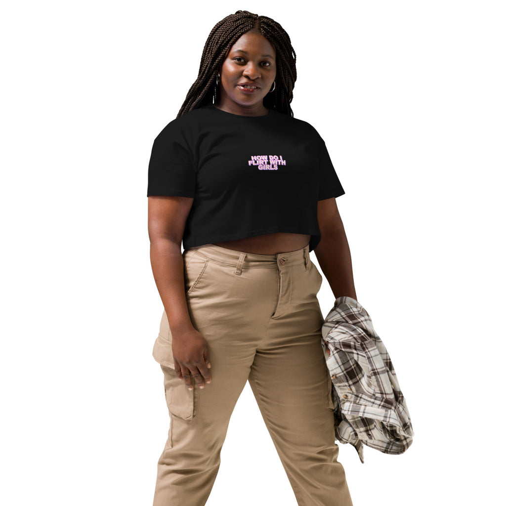 Flirt Query Printful model lifestyle mockup black crop top