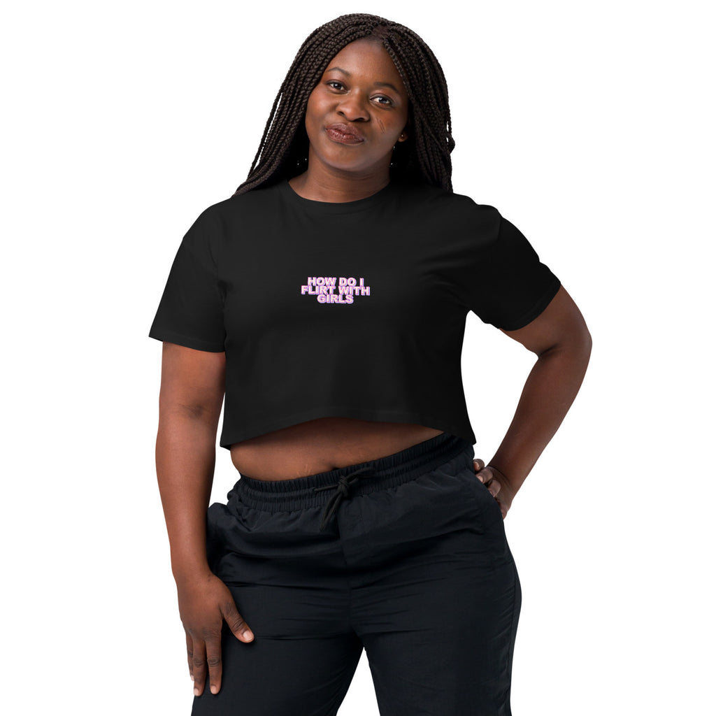 Flirt Query Printful model lifestyle mockup black crop top